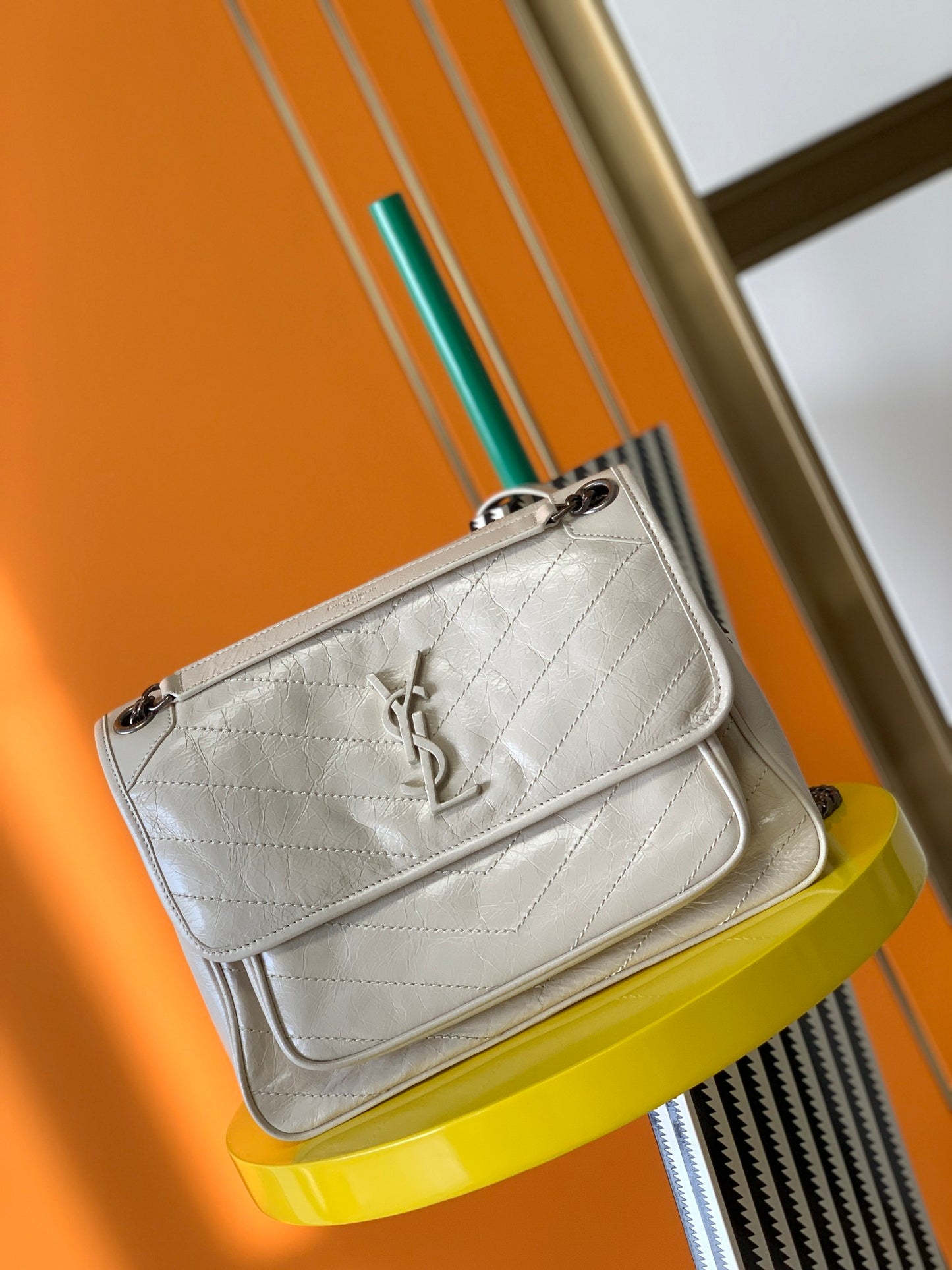 Saint Laurent Niki Medium Shoulder Bag in Crinkled Vintage Leather - Cream