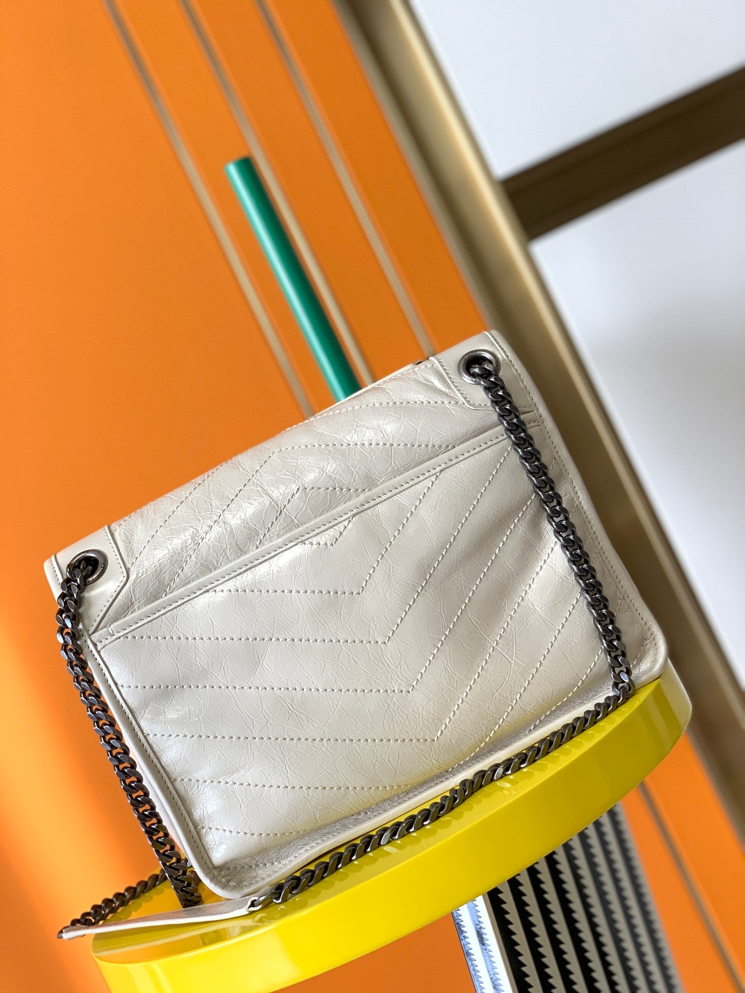 Saint Laurent Niki Medium Shoulder Bag in Crinkled Vintage Leather - Cream