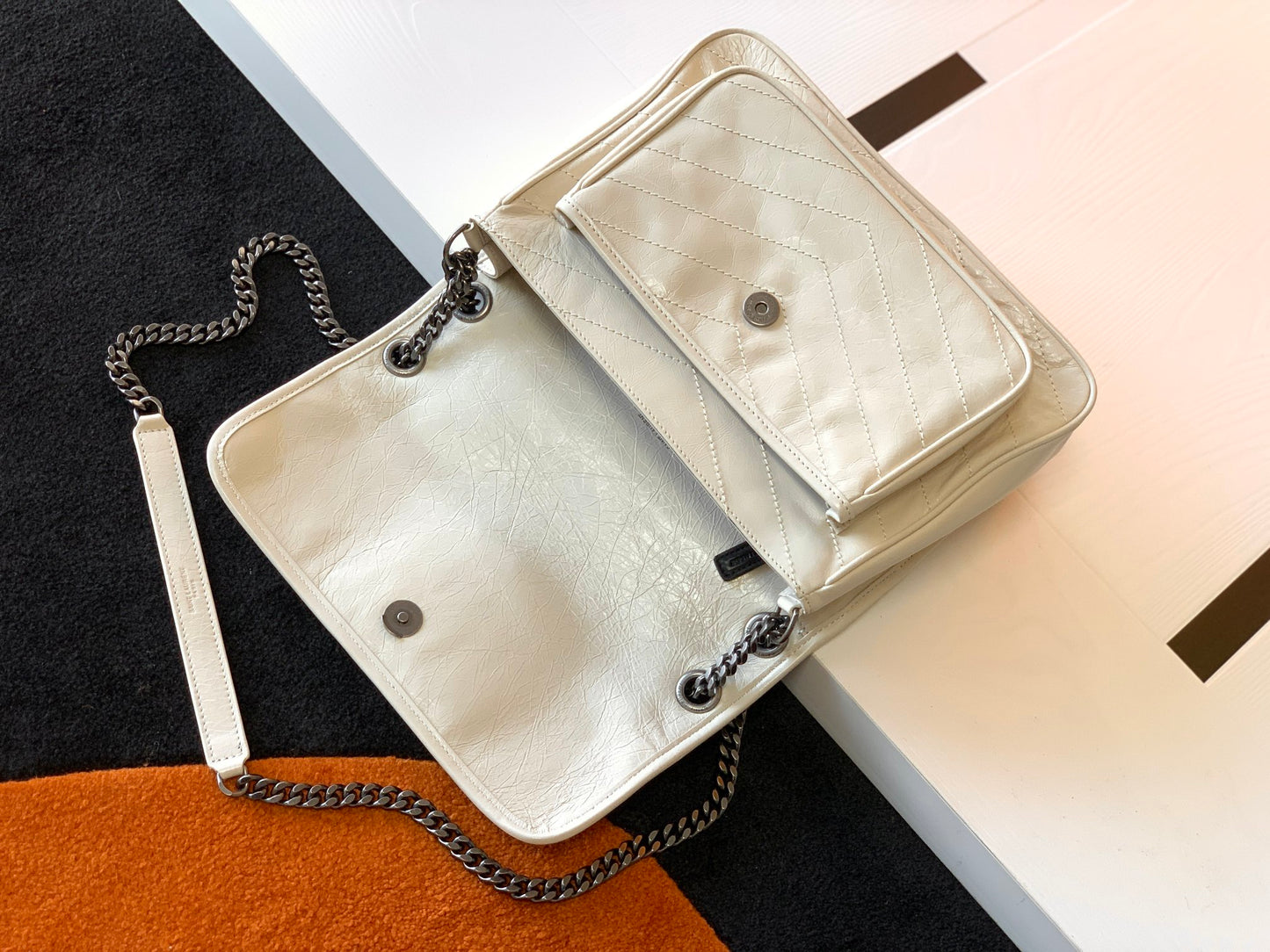 Saint Laurent Niki Medium Shoulder Bag in Crinkled Vintage Leather - Cream