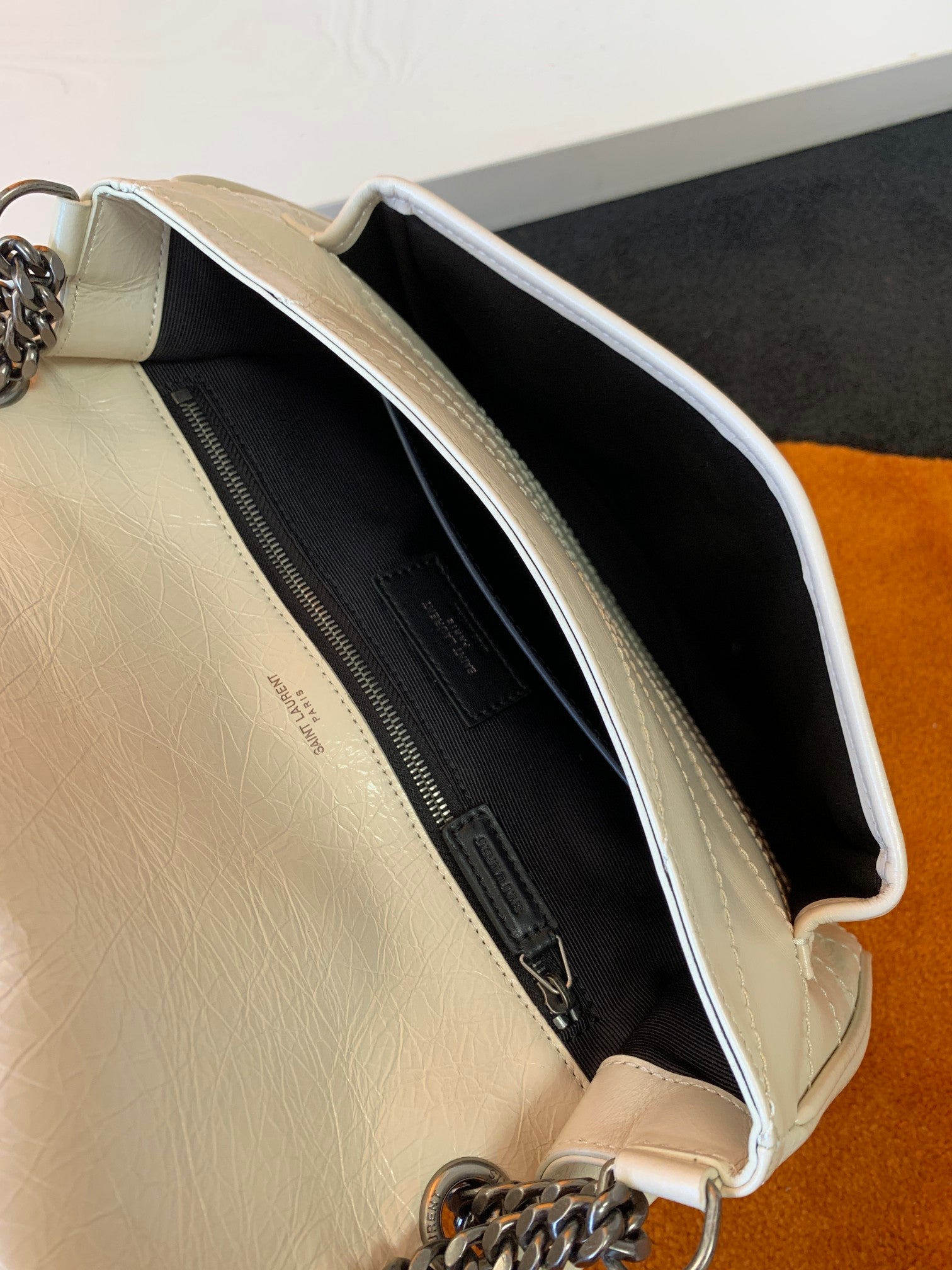 Saint Laurent Niki Medium Shoulder Bag in Crinkled Vintage Leather - Cream