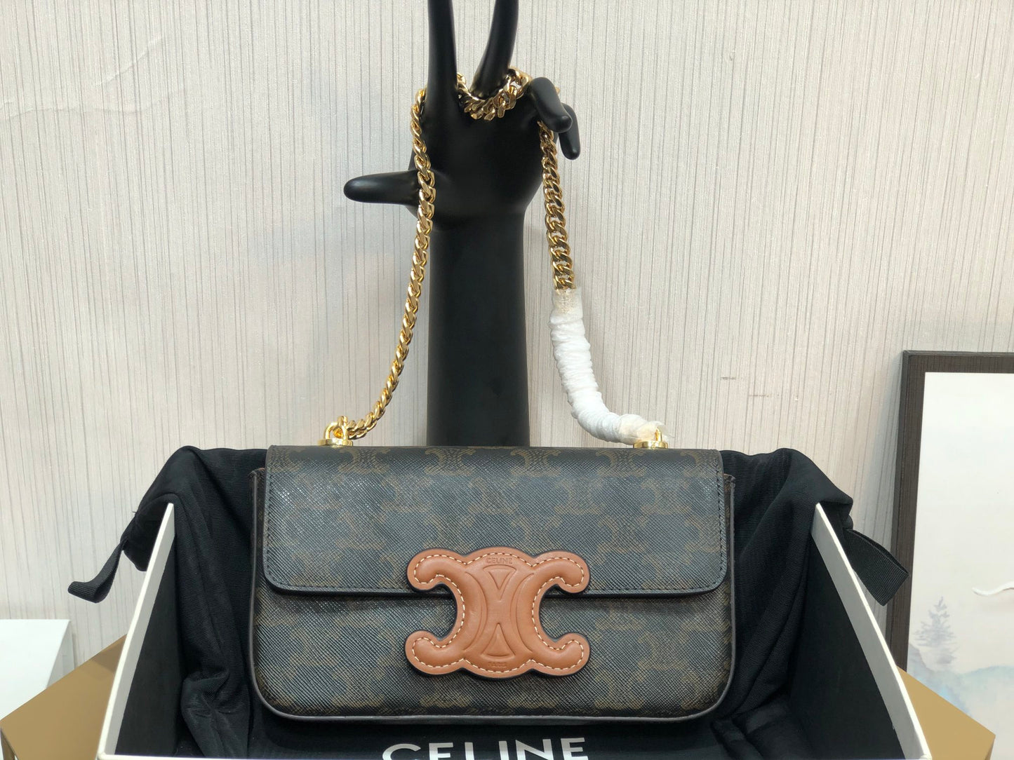 Celine Triomphe Shoulder Bag in Triomphe Canvas with Chain - Black and Tan