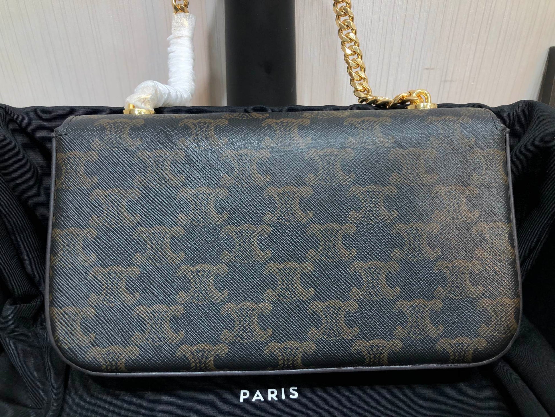 Celine Triomphe Shoulder Bag in Triomphe Canvas with Chain - Black and Tan