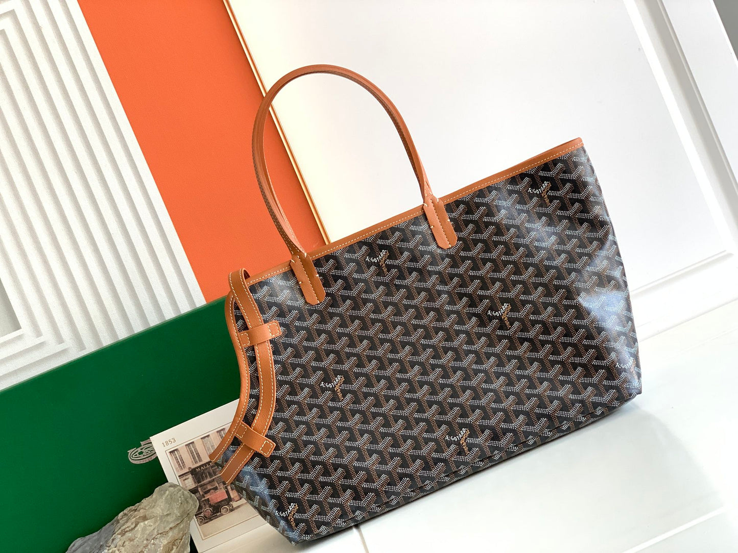 Gogy Classic Chevron Geometric Print Tote Bag with Tan Leather Straps