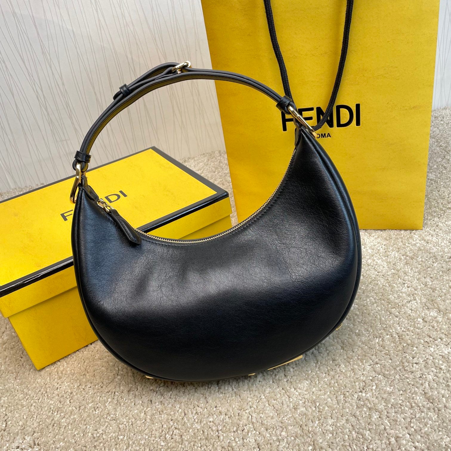 Fendi Fendigraphy Small Black Leather Crescent Hobo Bag