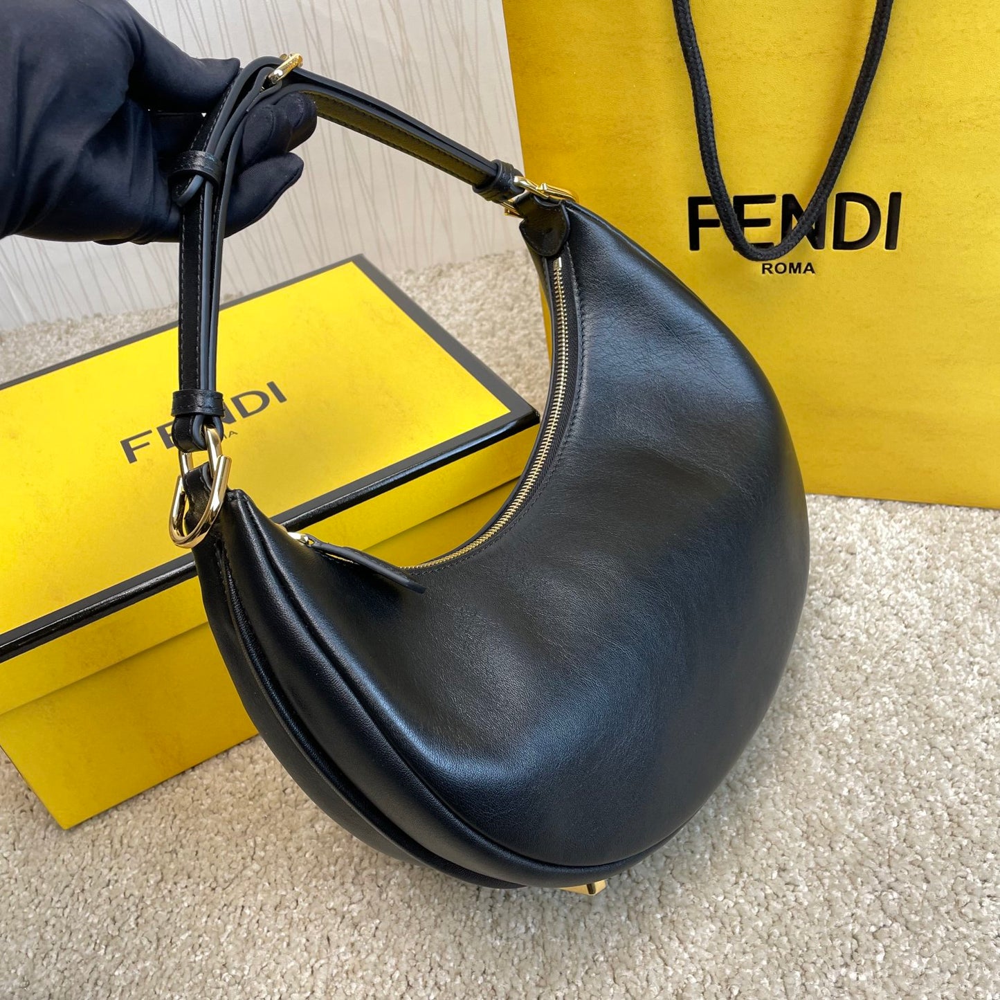 Fendi Fendigraphy Small Black Leather Crescent Hobo Bag