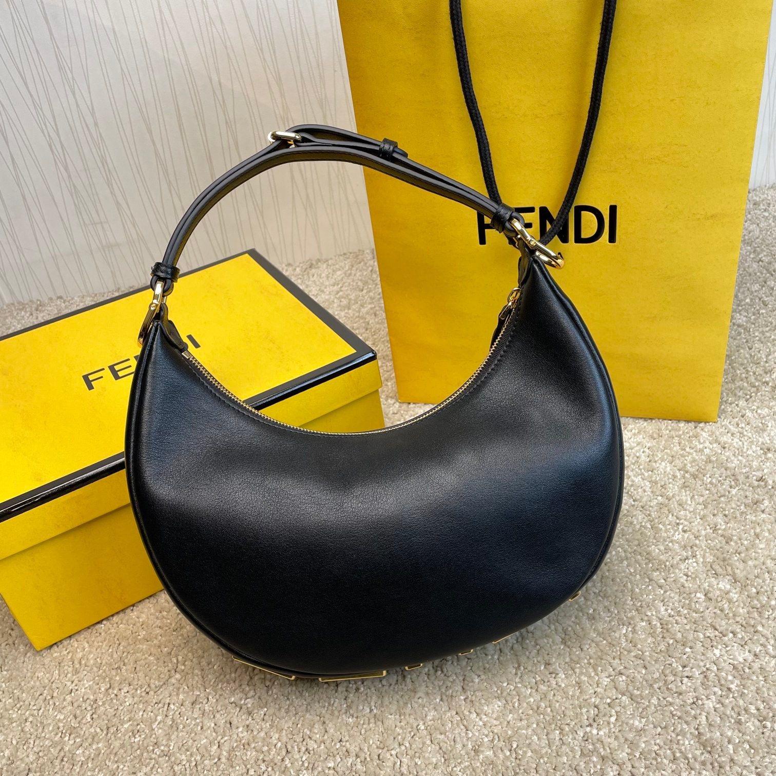 Fendi Fendigraphy Small Black Leather Crescent Hobo Bag