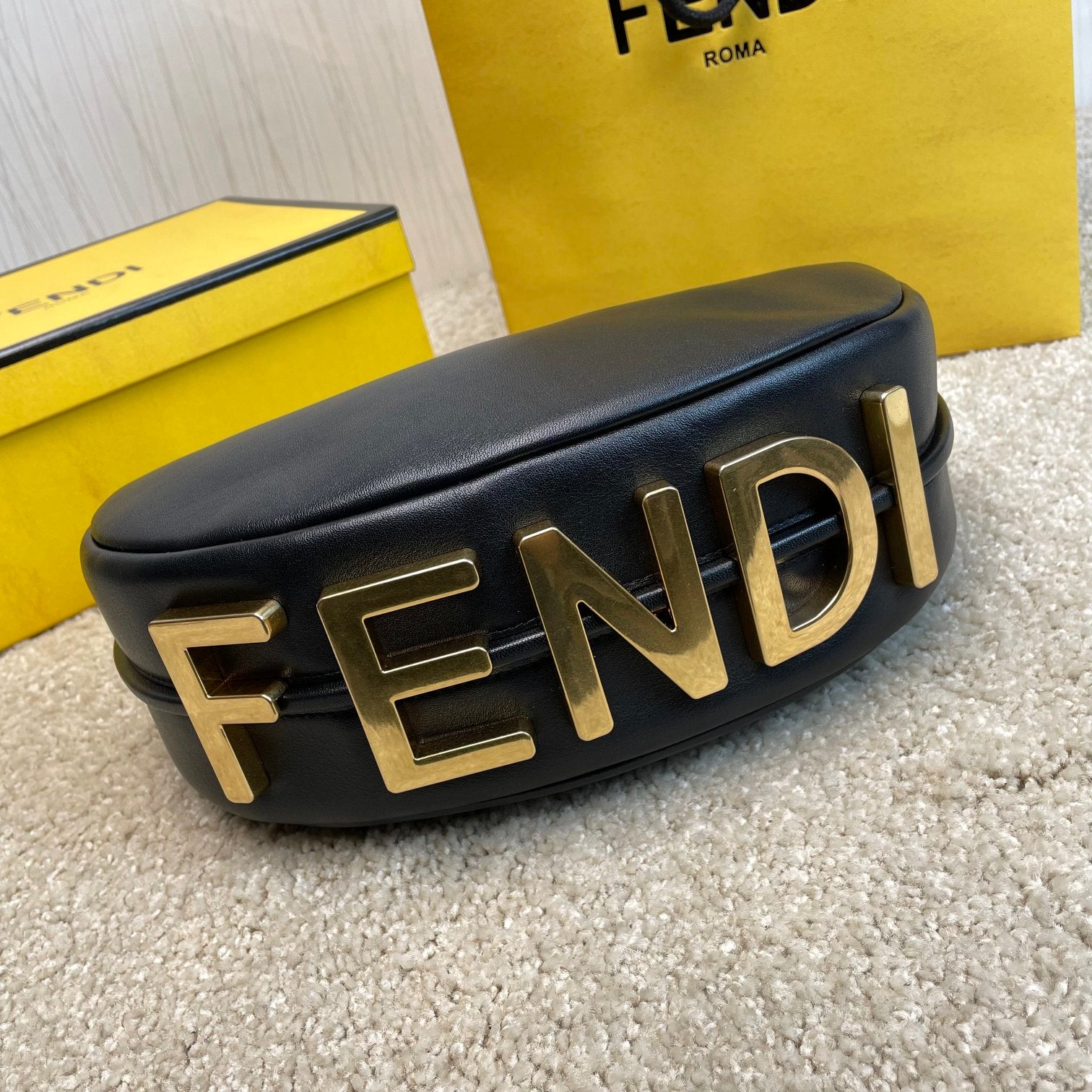 Fendi Fendigraphy Small Black Leather Crescent Hobo Bag
