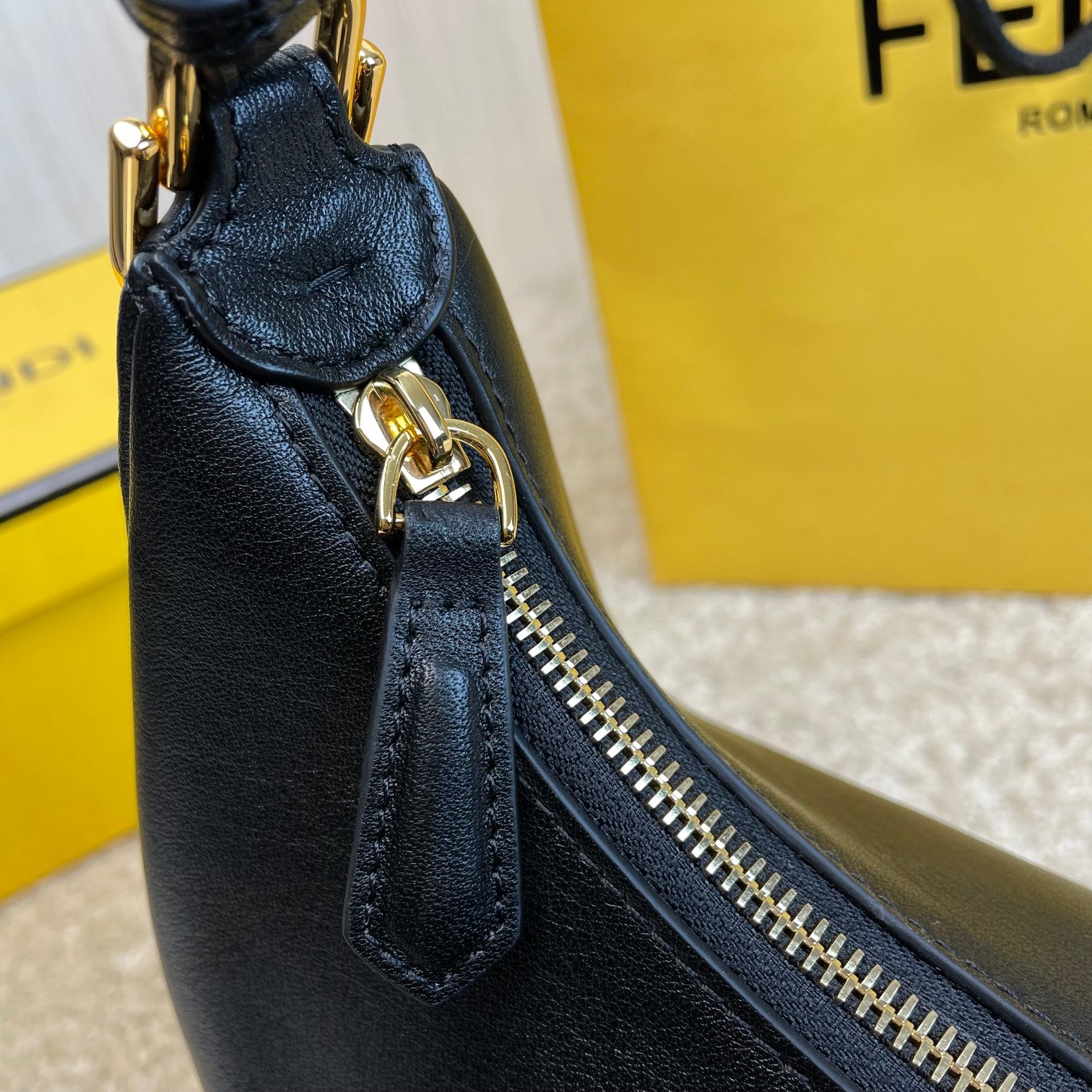 Fendi Fendigraphy Small Black Leather Crescent Hobo Bag