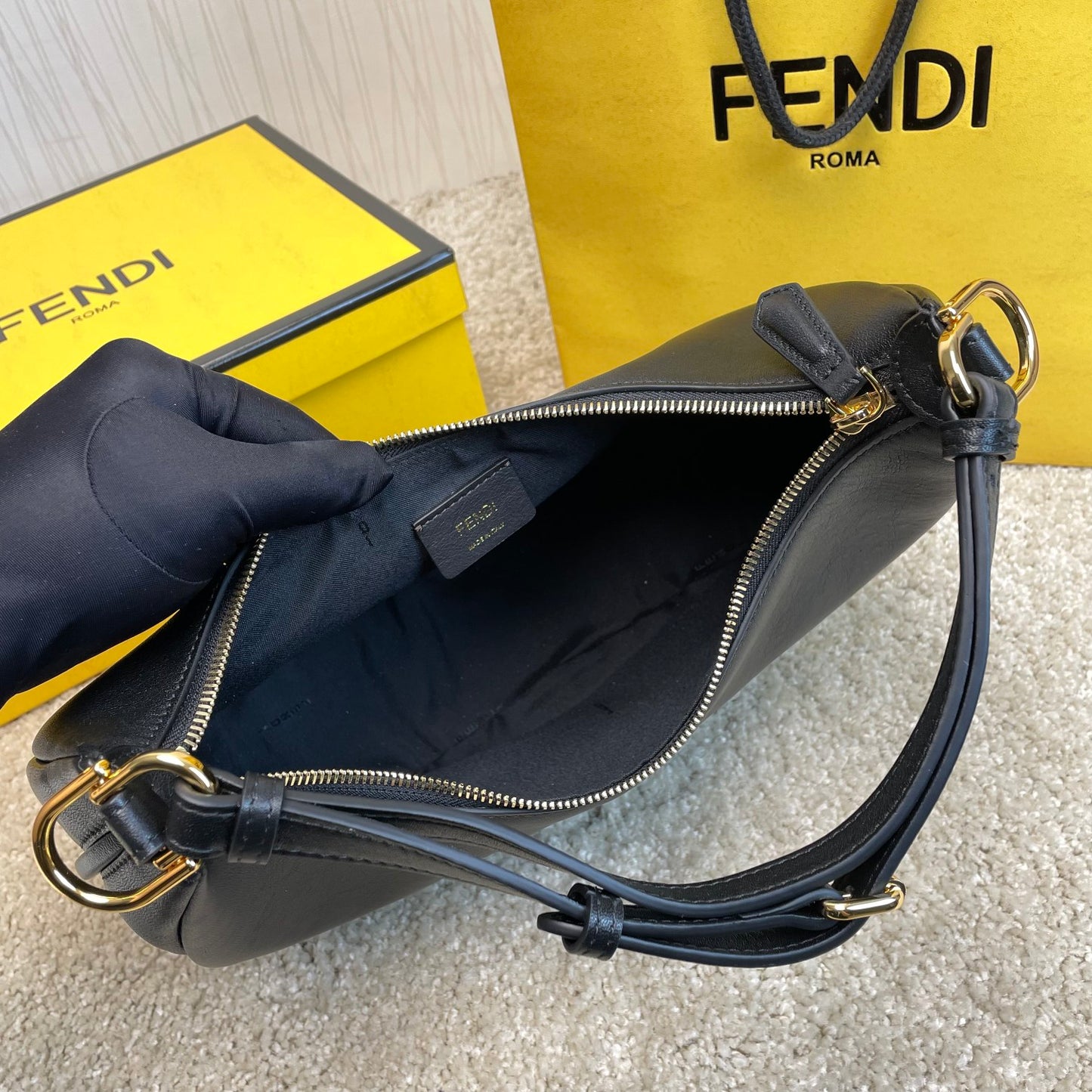 Fendi Fendigraphy Small Black Leather Crescent Hobo Bag