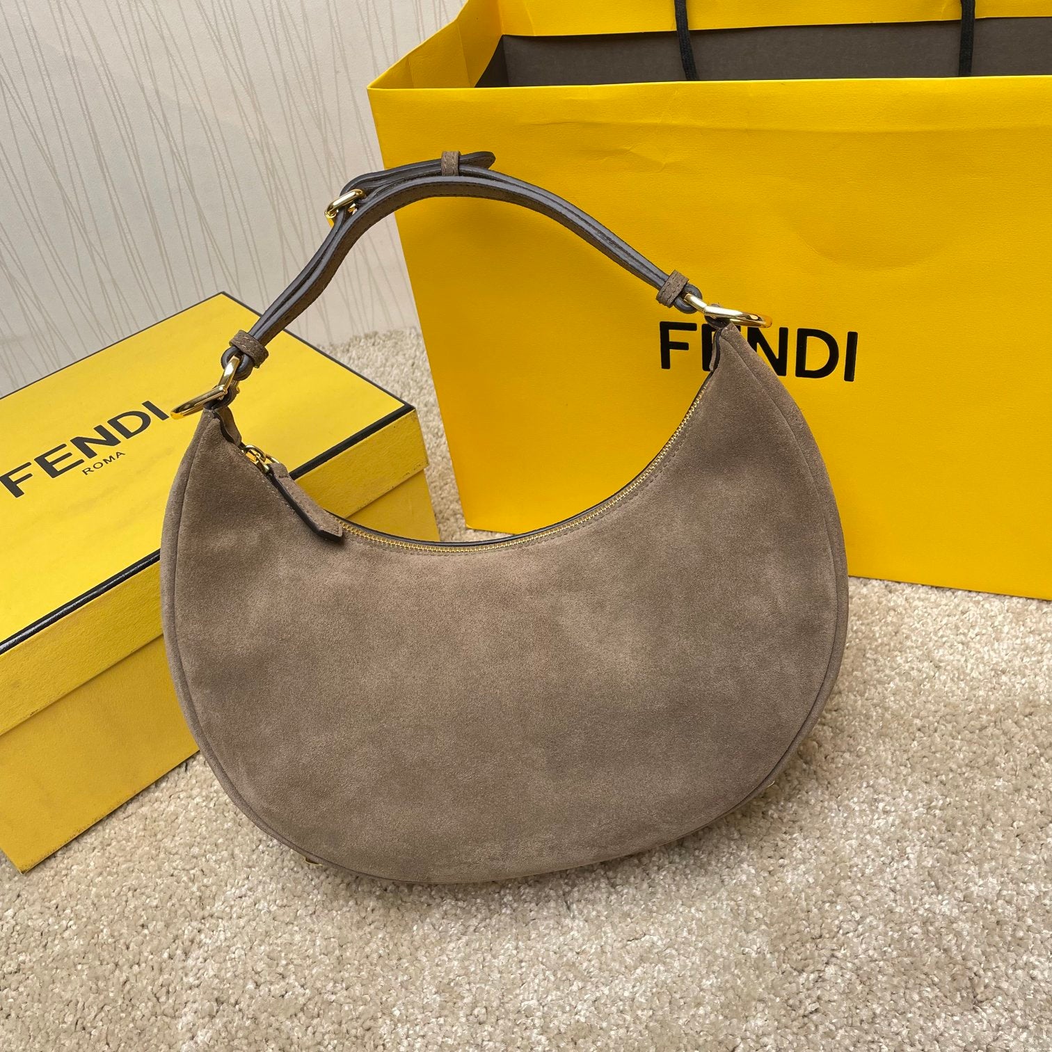Fendi Suede Crescent Hobo Bag - Taupe Grey Small Shoulder Bag