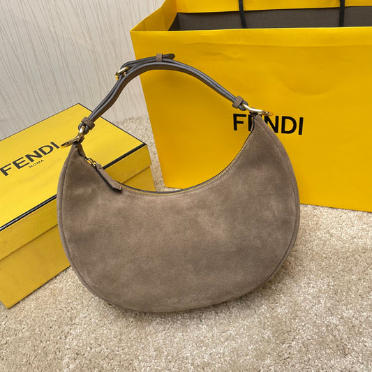 Fendi Suede Crescent Hobo Bag - Taupe Grey Small Shoulder Bag