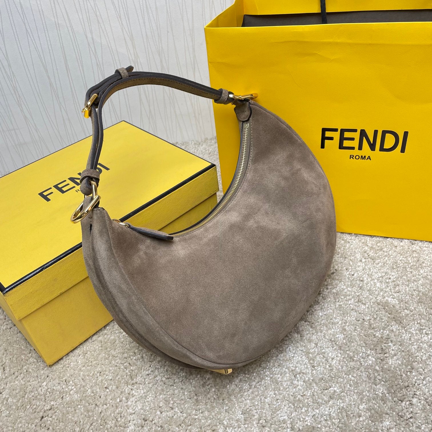 Fendi Suede Crescent Hobo Bag - Taupe Grey Small Shoulder Bag