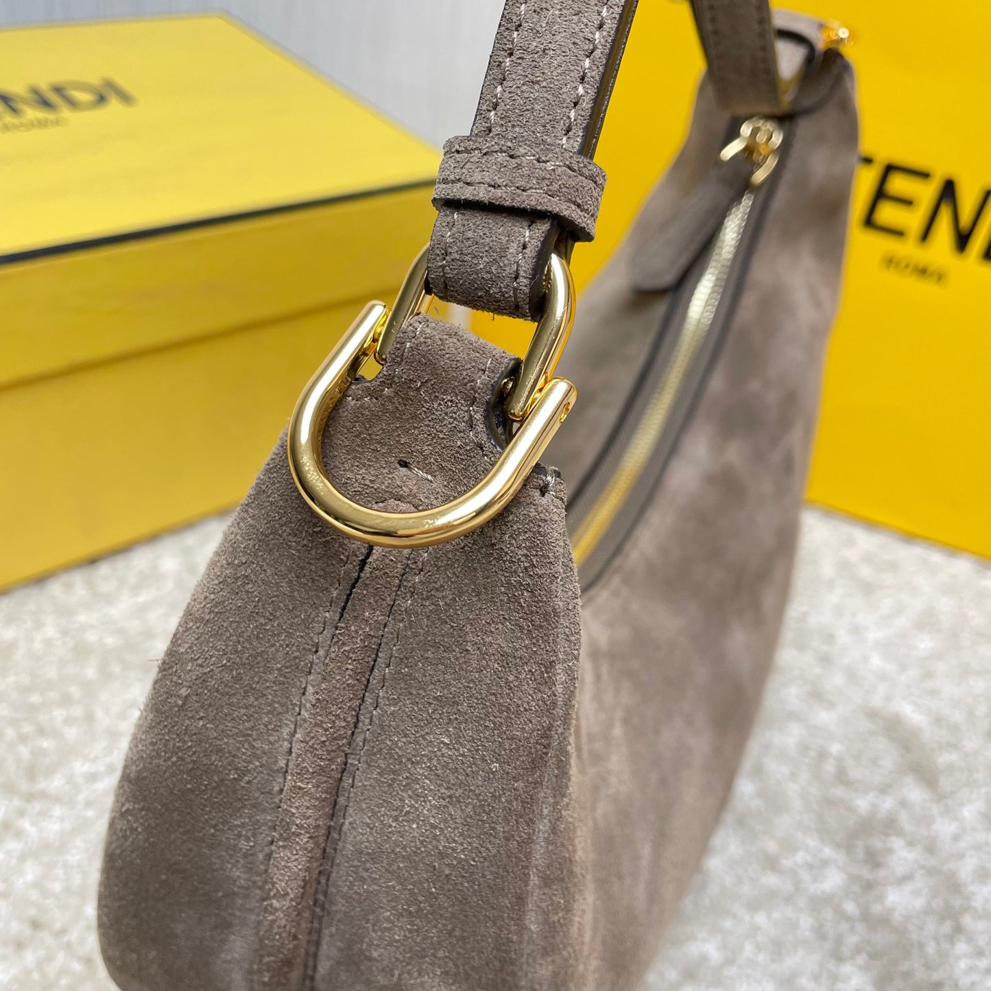 Fendi Suede Crescent Hobo Bag - Taupe Grey Small Shoulder Bag