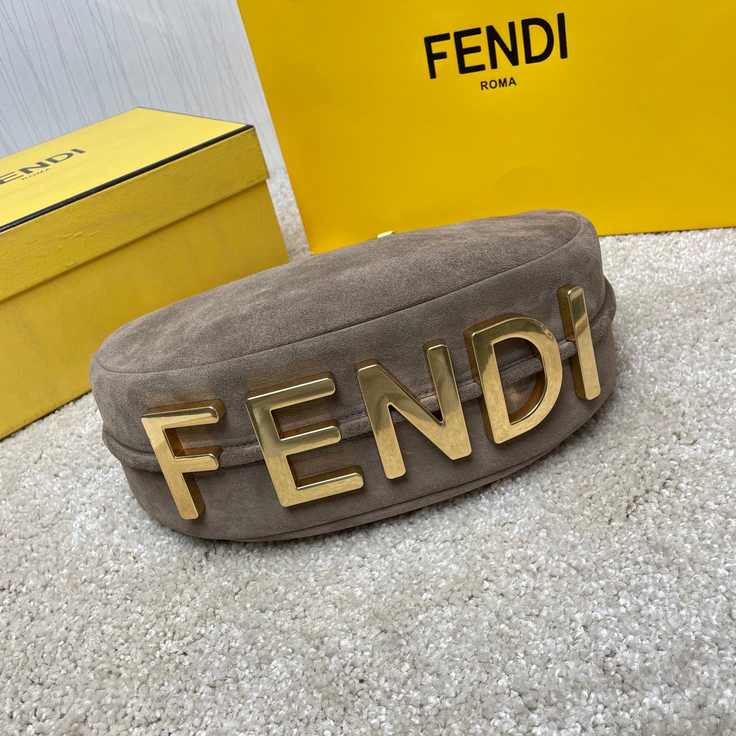 Fendi Suede Crescent Hobo Bag - Taupe Grey Small Shoulder Bag