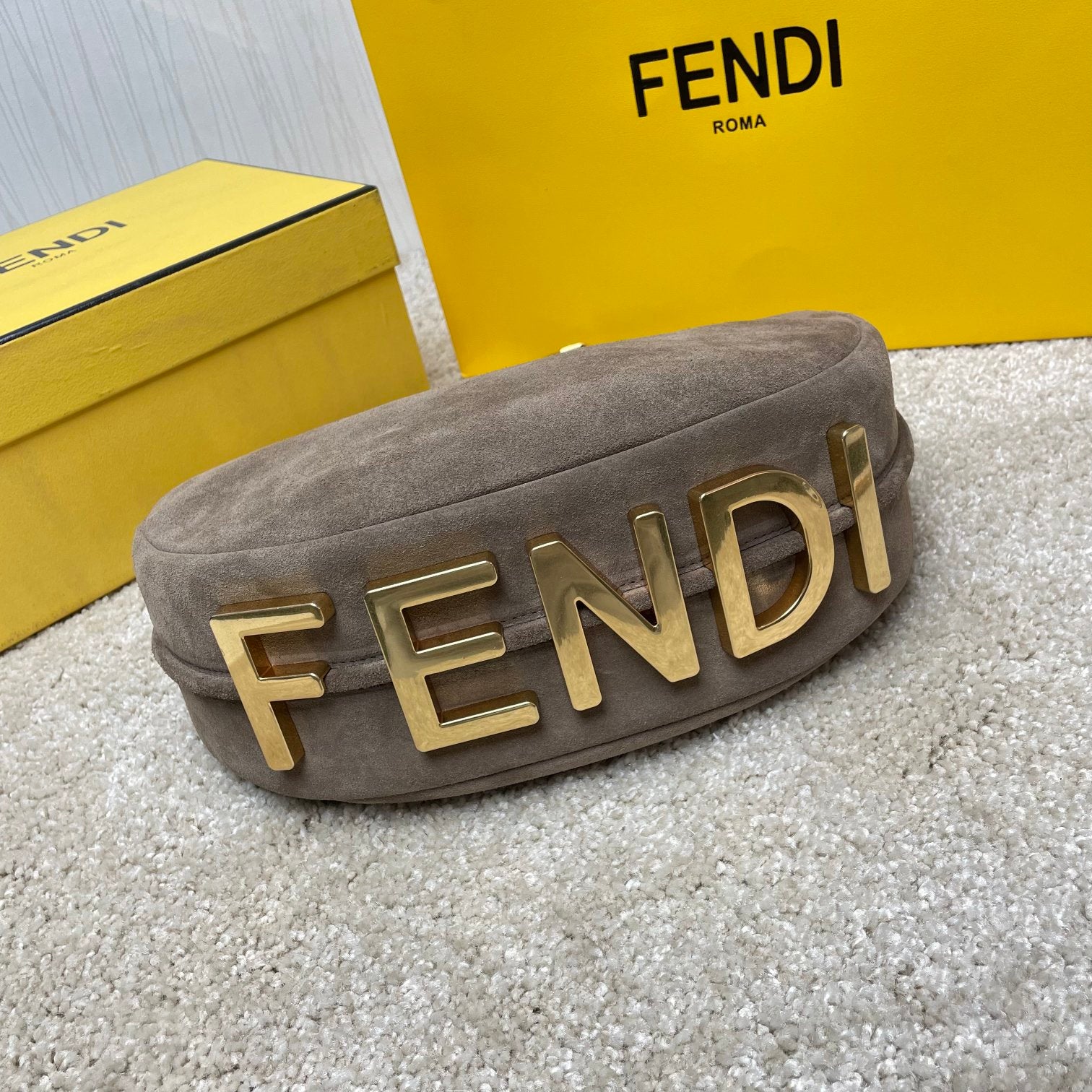 Fendi Suede Crescent Hobo Bag - Taupe Grey Small Shoulder Bag