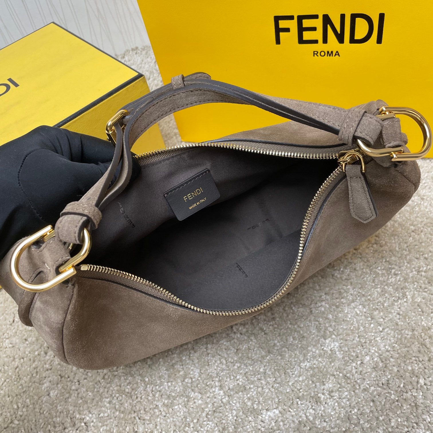 Fendi Suede Crescent Hobo Bag - Taupe Grey Small Shoulder Bag