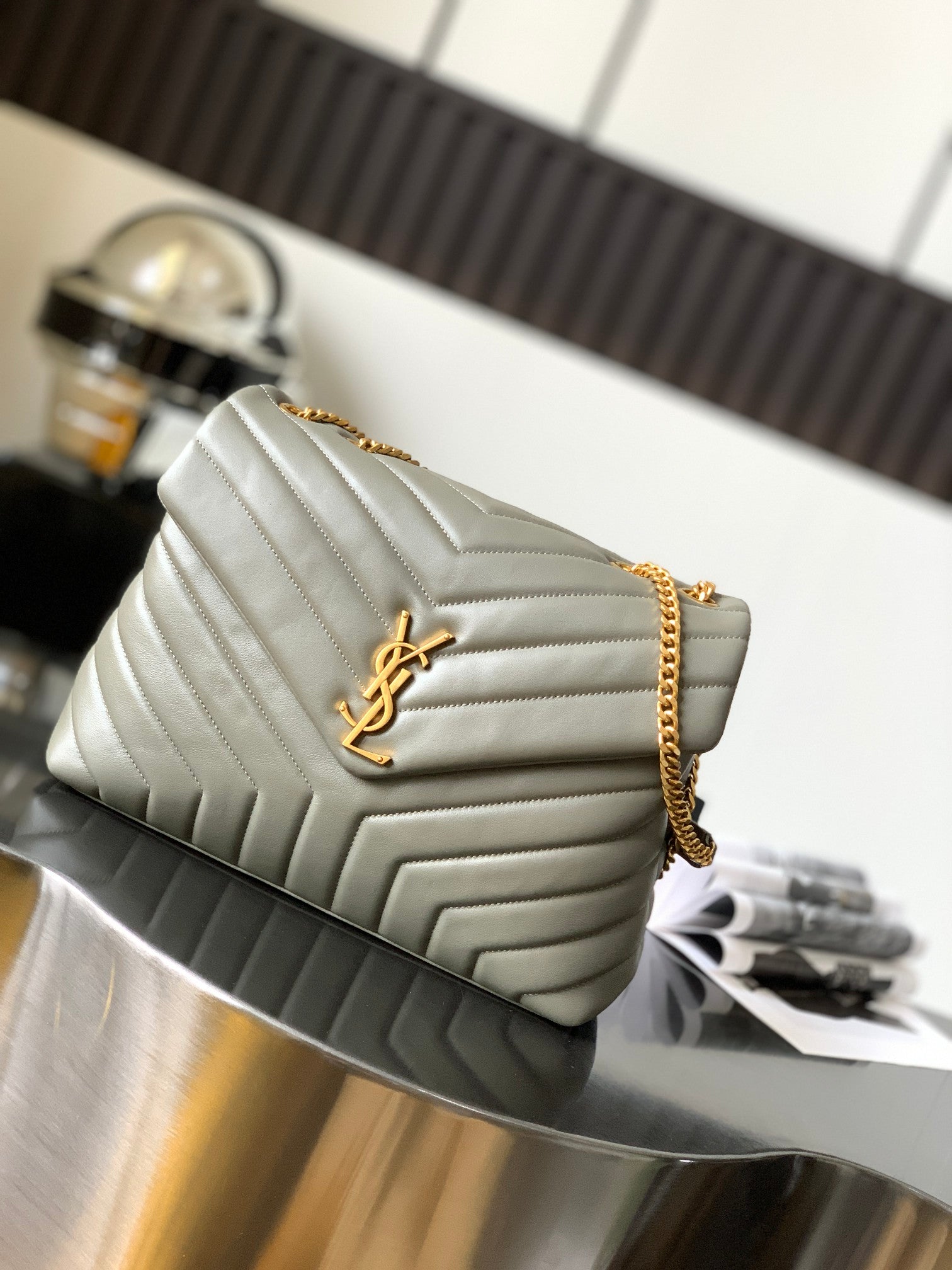 Saint Laurent Medium Loulou Monogram Quilted Leather Shoulder Bag - Grey