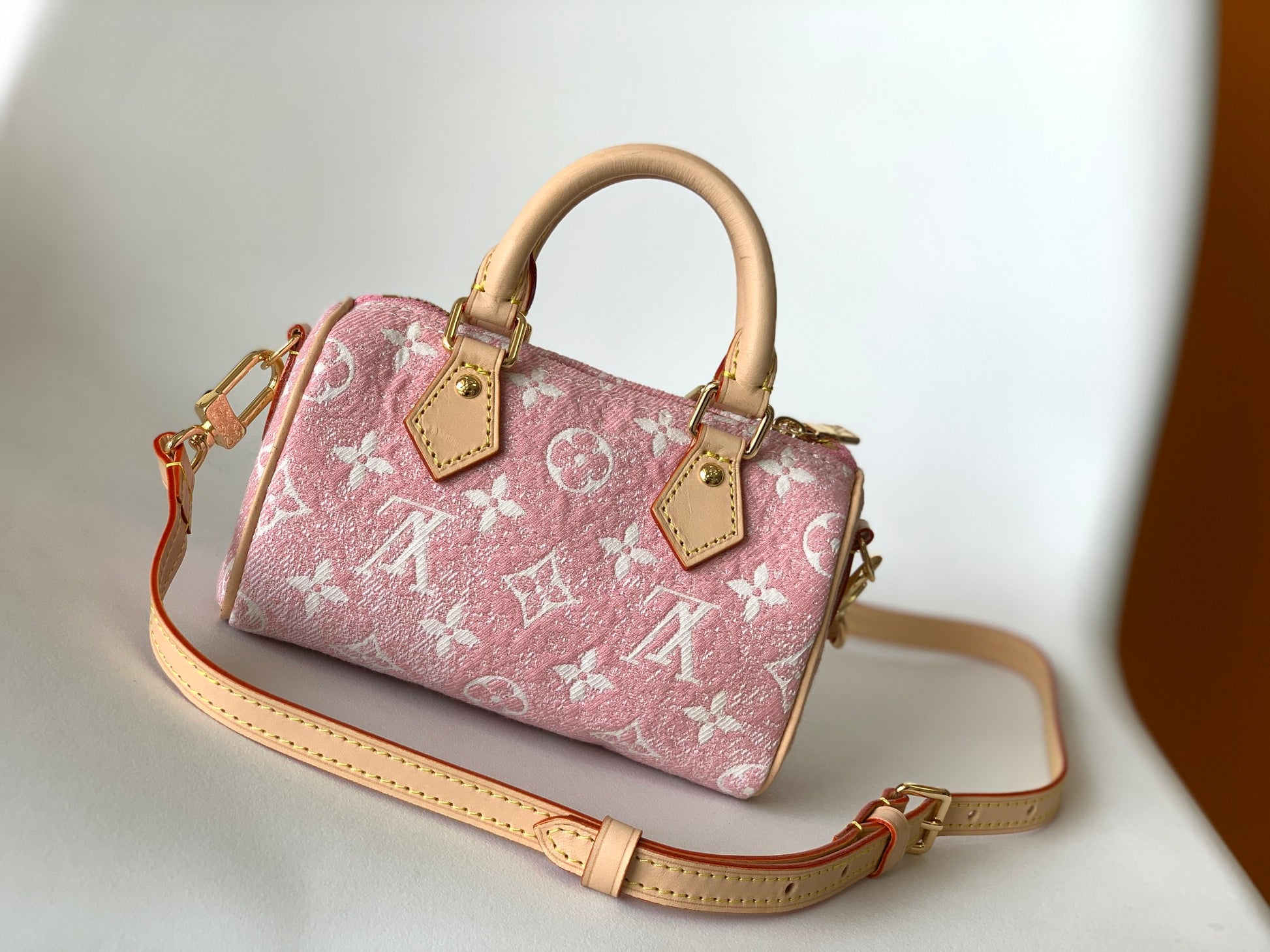 Louis Vuitton Pink Monogram Mini Crossbody Duffle Bag with Tan Leather Straps