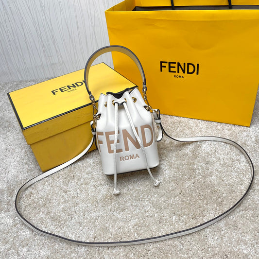 Fendi Mini Mon Tresor White Leather Bucket Bag with Fendi Roma Logo