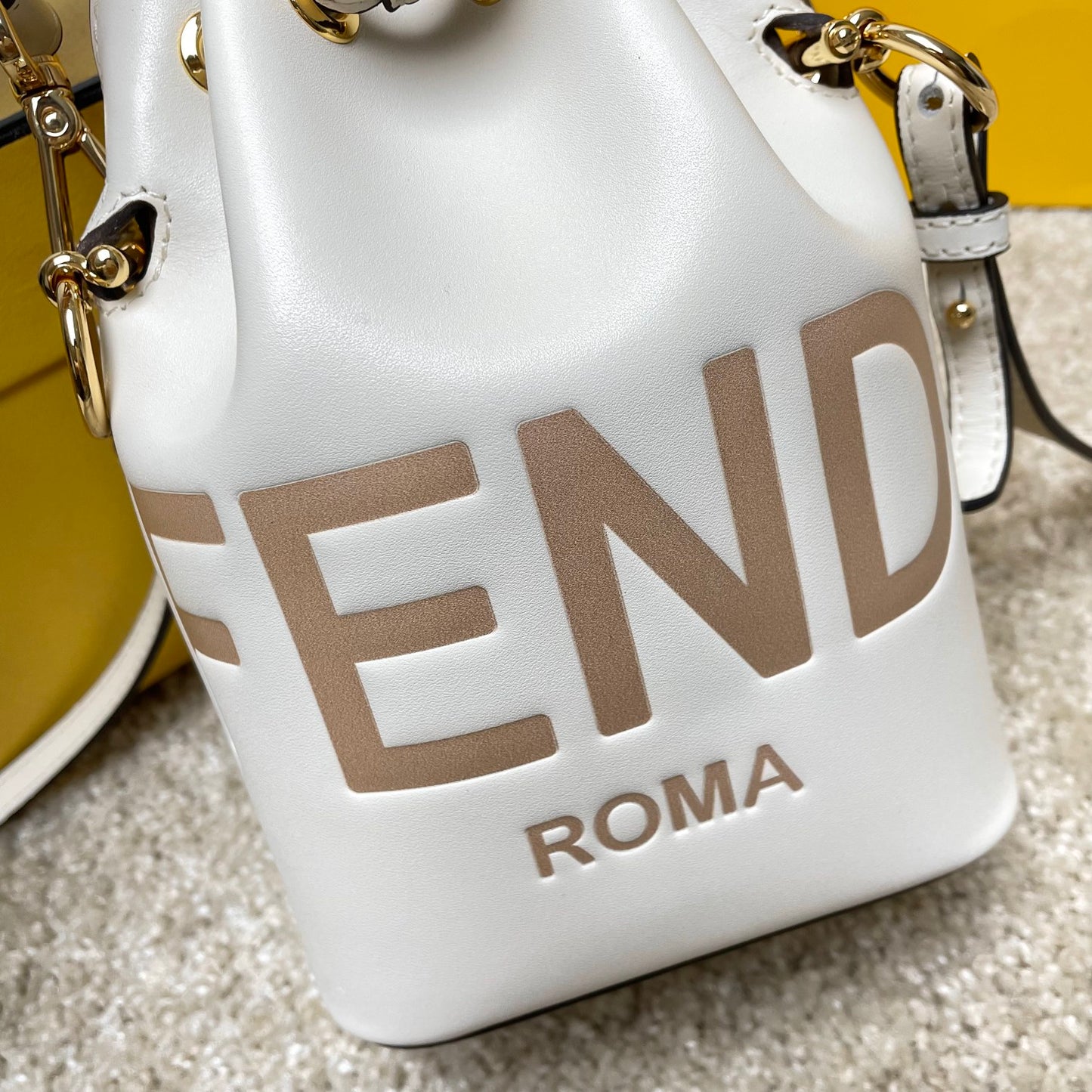 Fendi Mini Mon Tresor White Leather Bucket Bag with Fendi Roma Logo