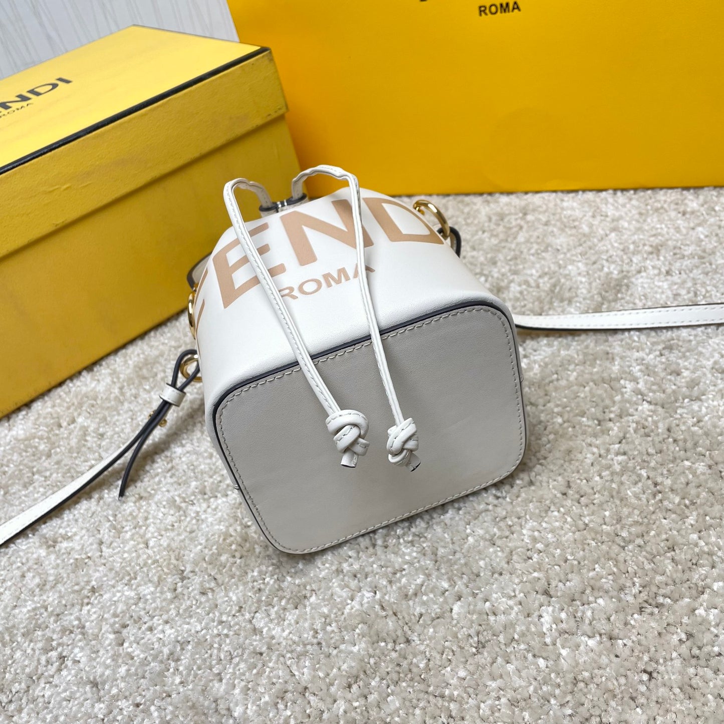 Fendi Mini Mon Tresor White Leather Bucket Bag with Fendi Roma Logo