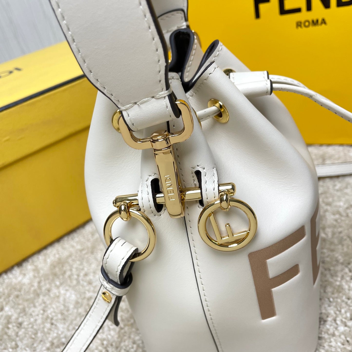 Fendi Mini Mon Tresor White Leather Bucket Bag with Fendi Roma Logo