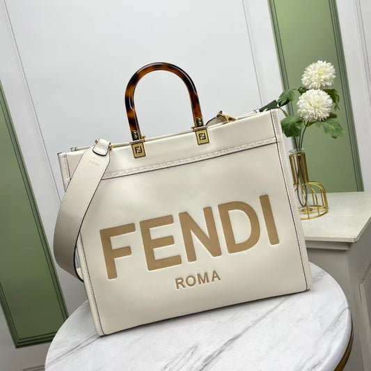Fendi Sunshine Shopper Large White Canvas Tote Bag with Tortoiseshell Handles