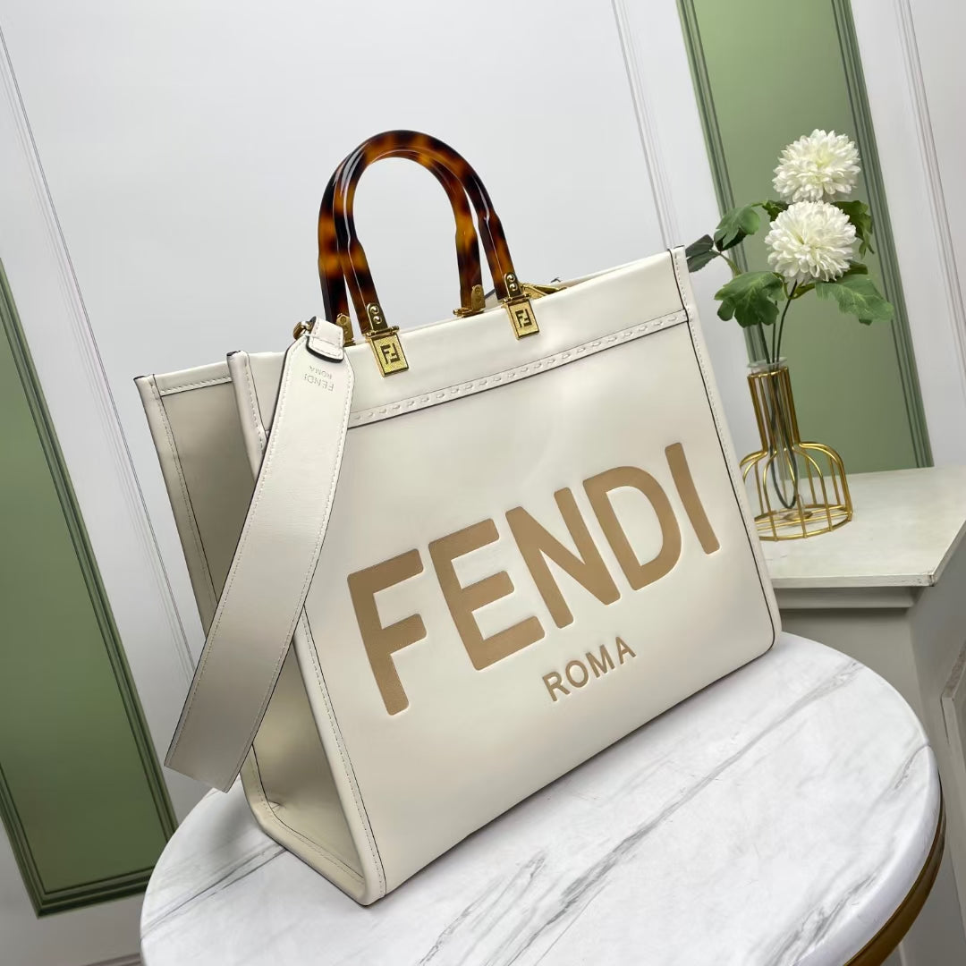 Fendi Sunshine Shopper Large White Canvas Tote Bag with Tortoiseshell Handles