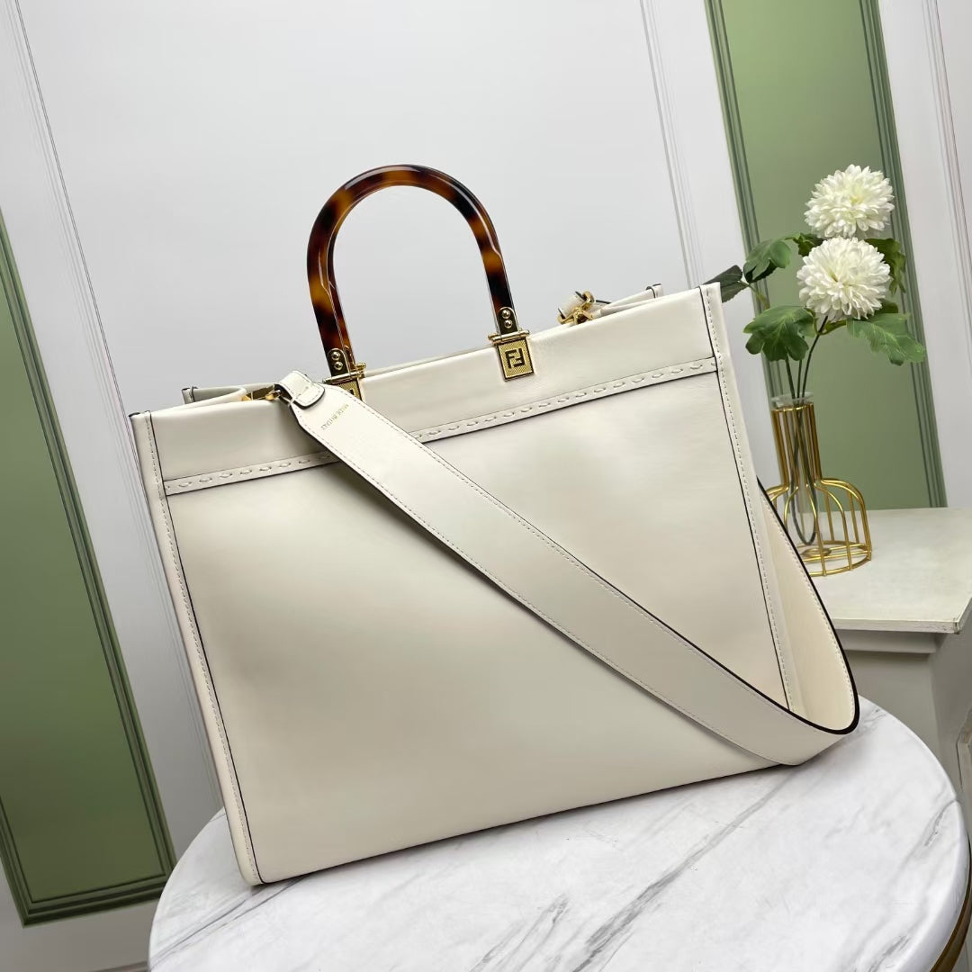 Fendi Sunshine Shopper Large White Canvas Tote Bag with Tortoiseshell Handles