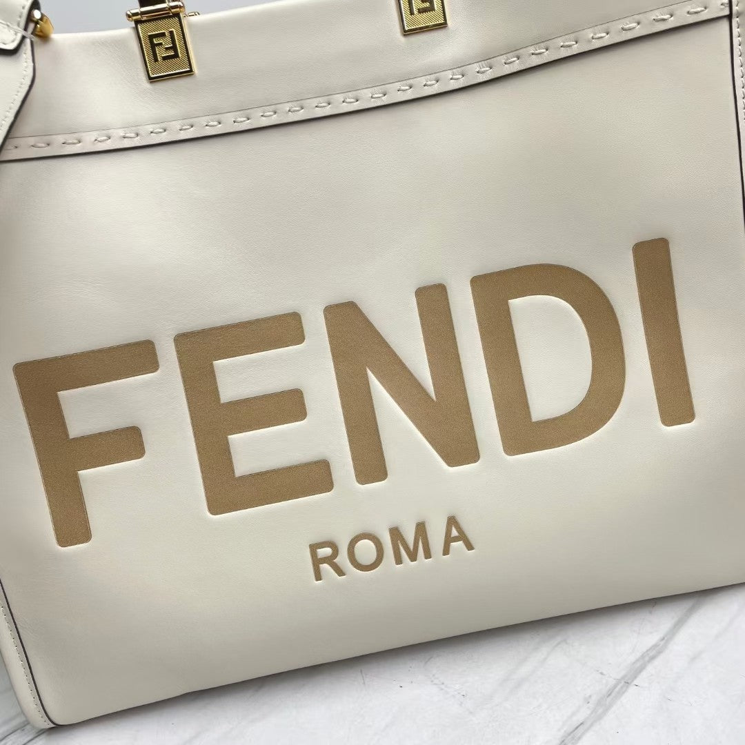 Fendi Sunshine Shopper Large White Canvas Tote Bag with Tortoiseshell Handles