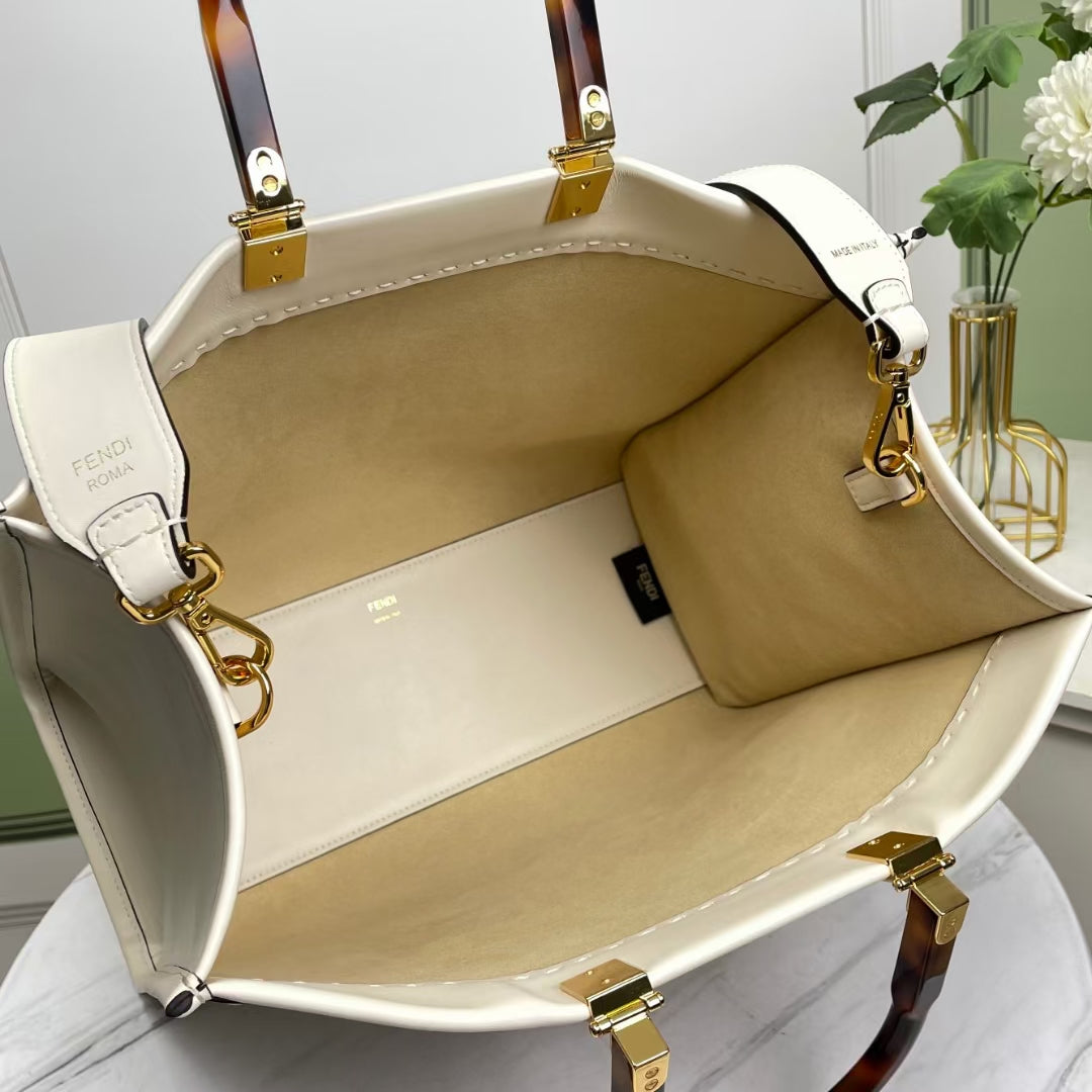 Fendi Sunshine Shopper Large White Canvas Tote Bag with Tortoiseshell Handles