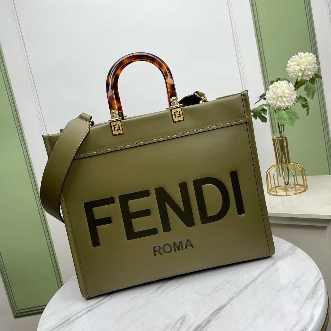 Fendi Sunshine Shopper Medium Olive Green Leather Tote Bag