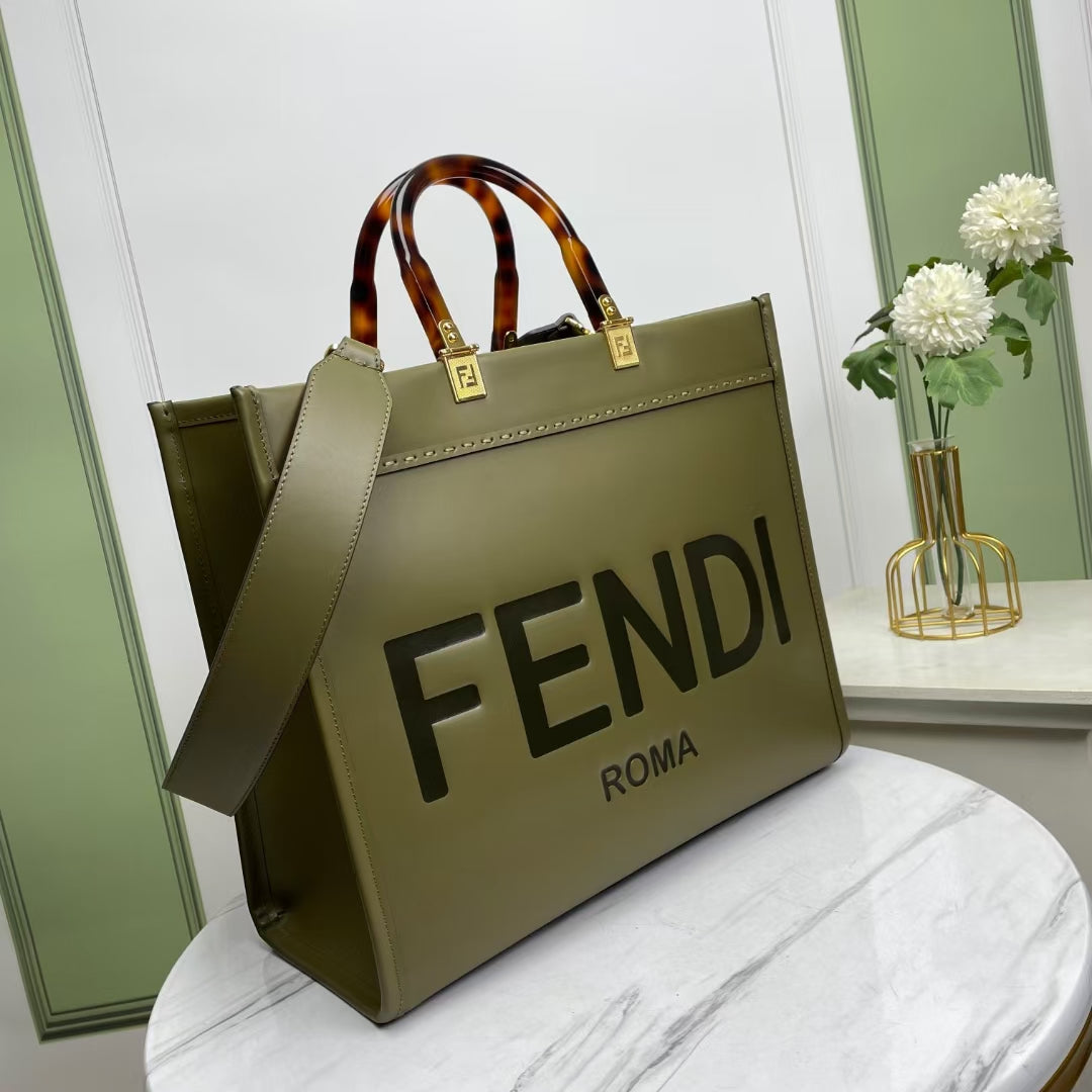 Fendi Sunshine Shopper Medium Olive Green Leather Tote Bag