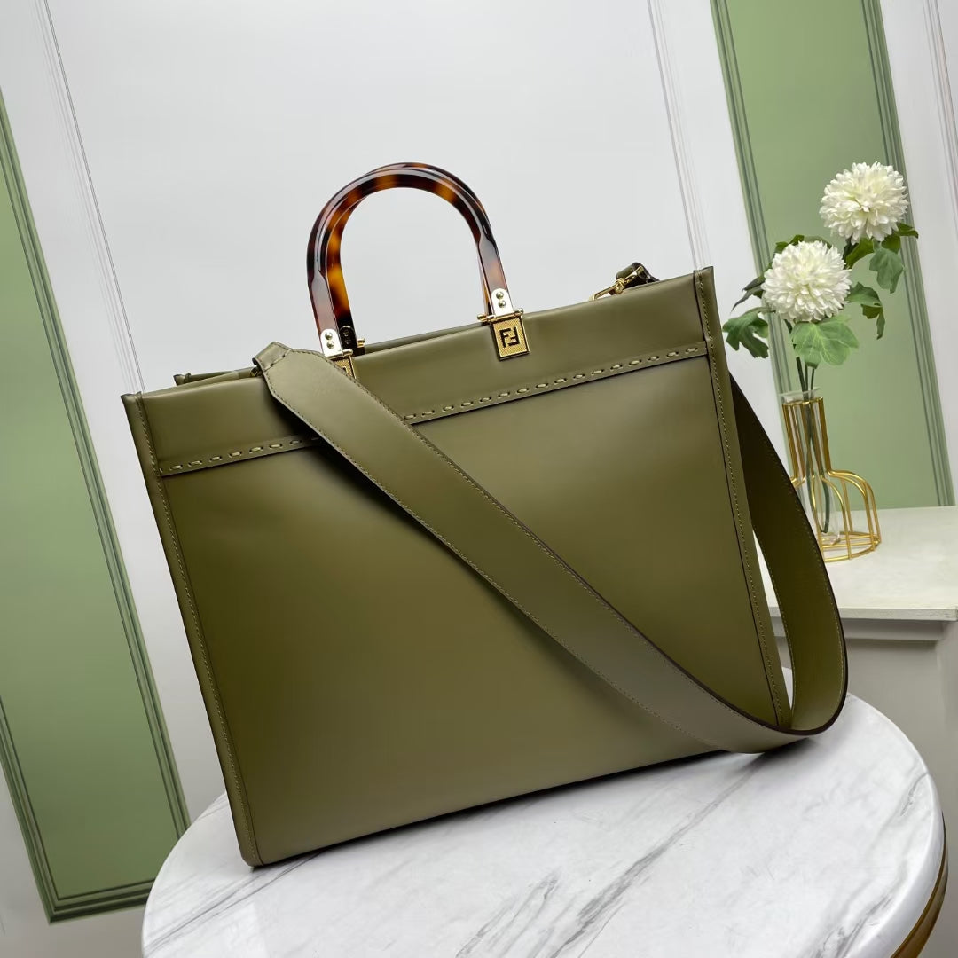 Fendi Sunshine Shopper Medium Olive Green Leather Tote Bag