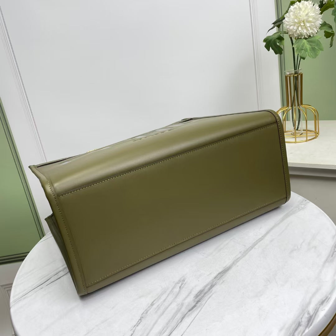 Fendi Sunshine Shopper Medium Olive Green Leather Tote Bag