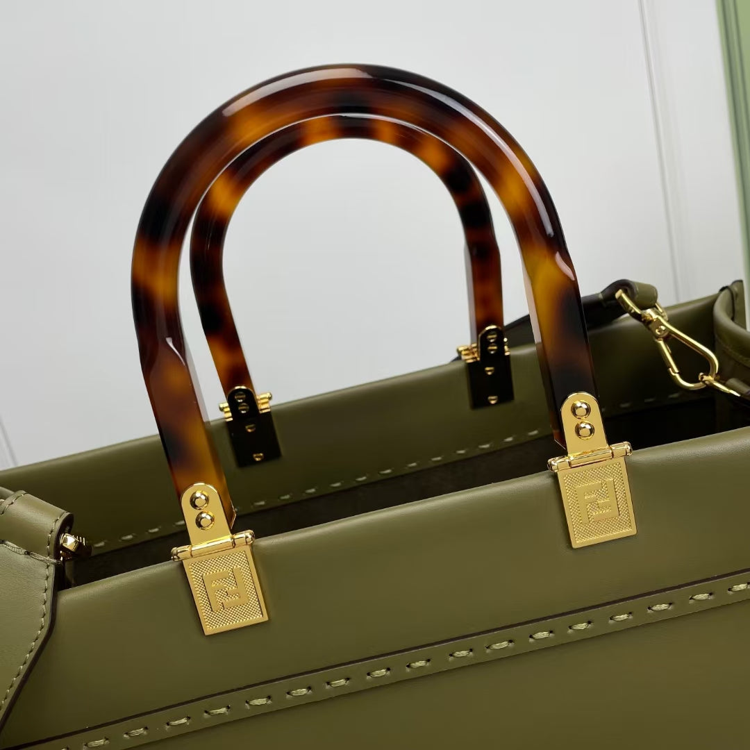 Fendi Sunshine Shopper Medium Olive Green Leather Tote Bag