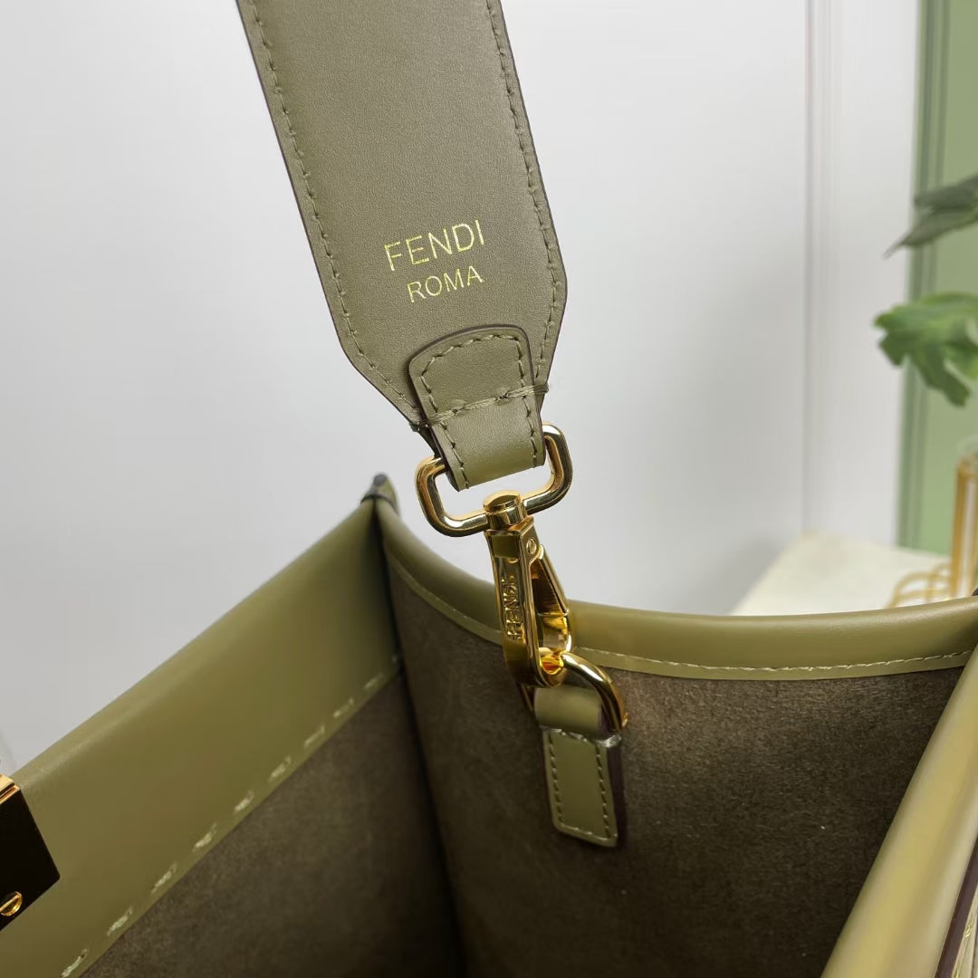 Fendi Sunshine Shopper Medium Olive Green Leather Tote Bag
