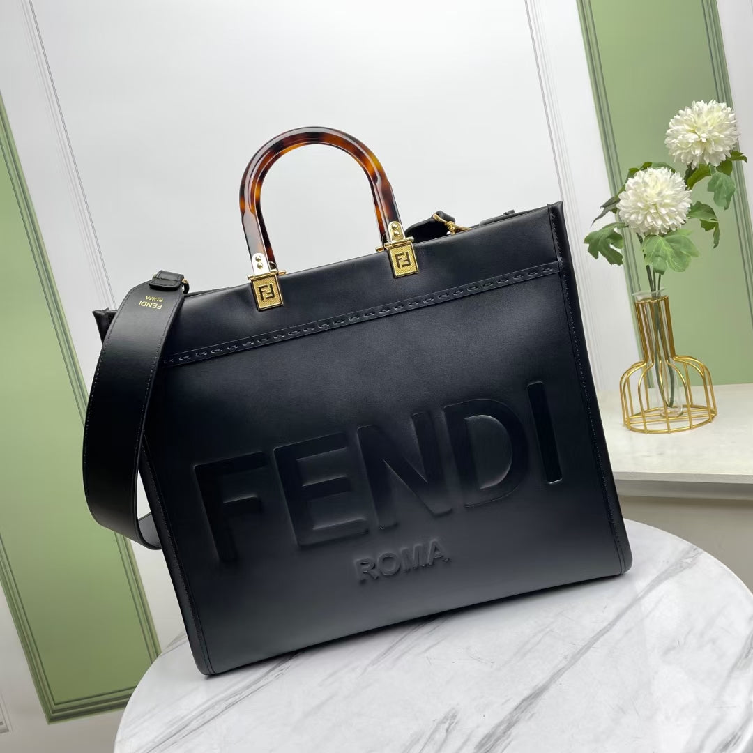 Fendi Sunshine Shopper Medium Black Leather Tote Bag
