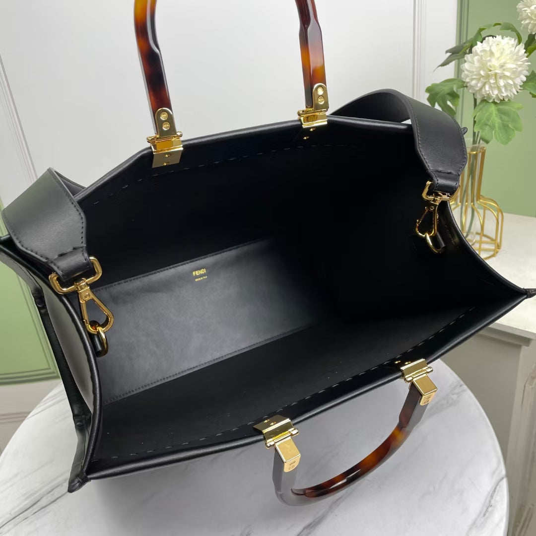 Fendi Sunshine Shopper Medium Black Leather Tote Bag