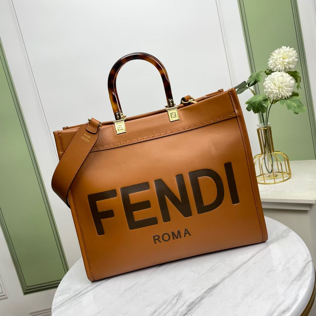 Fendi Sunshine Large Leather Shopper Tote Bag - Tan Brown