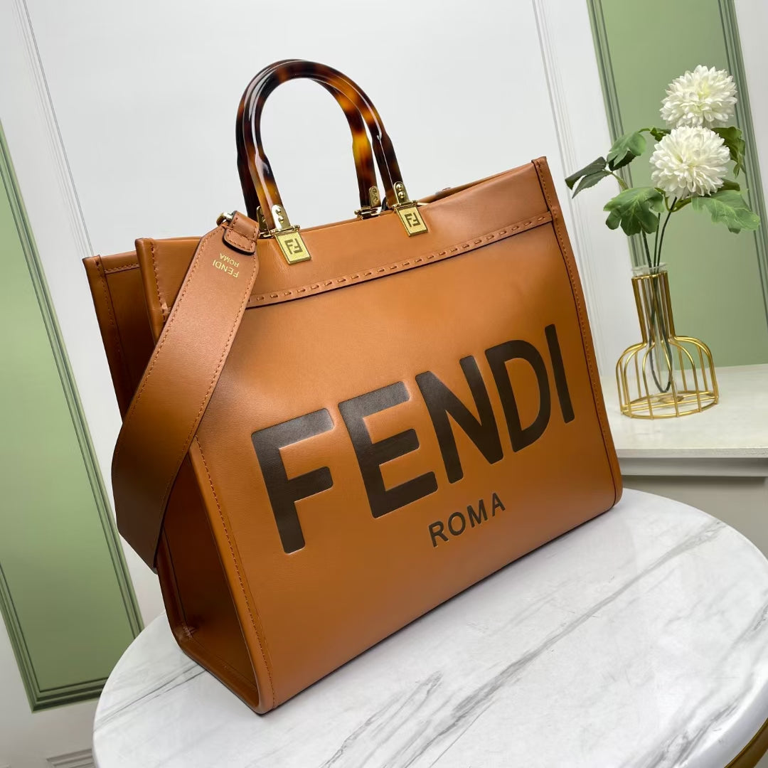 Fendi Sunshine Large Leather Shopper Tote Bag - Tan Brown