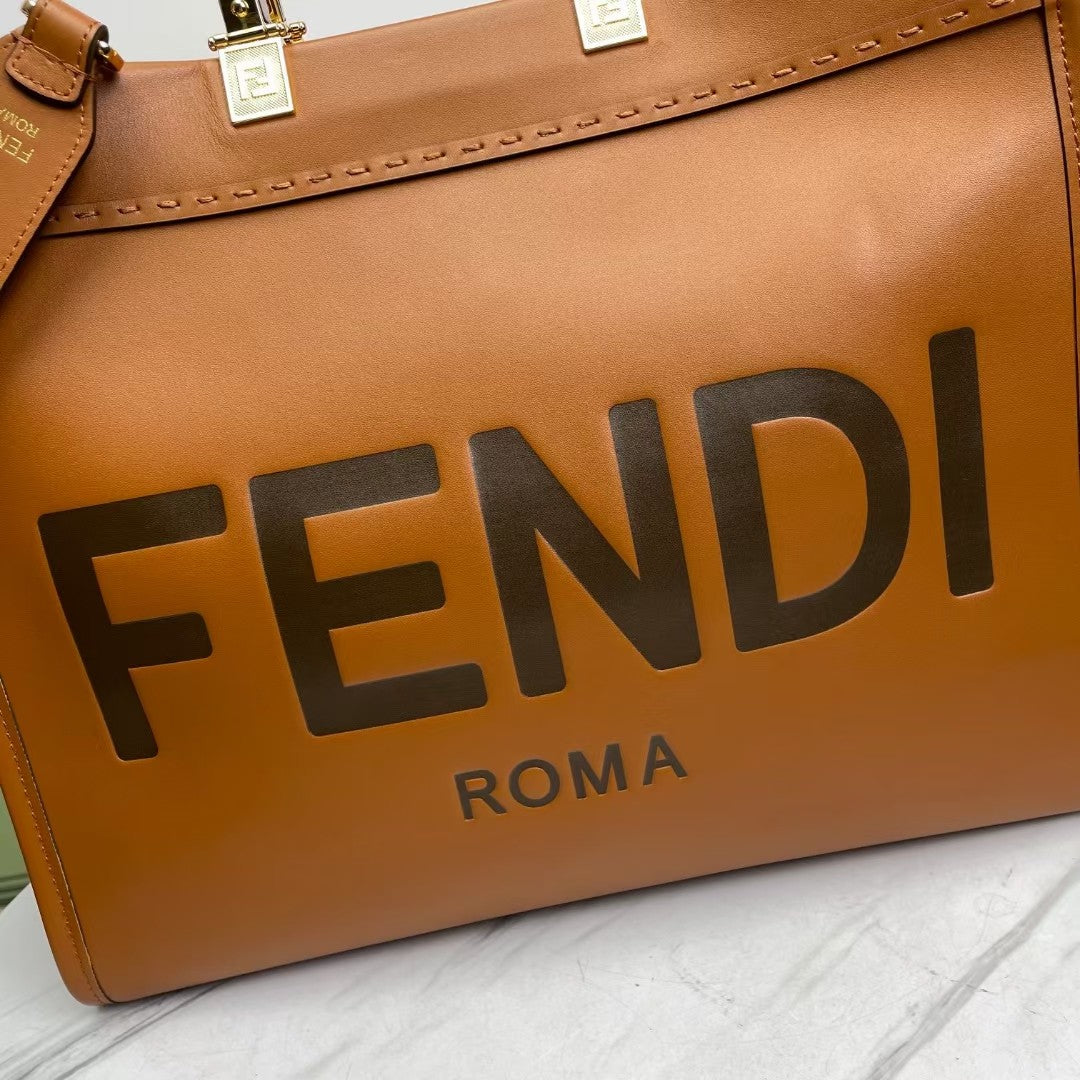 Fendi Sunshine Large Leather Shopper Tote Bag - Tan Brown