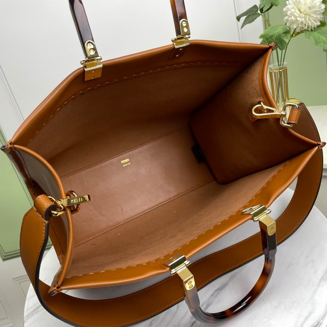 Fendi Sunshine Large Leather Shopper Tote Bag - Tan Brown