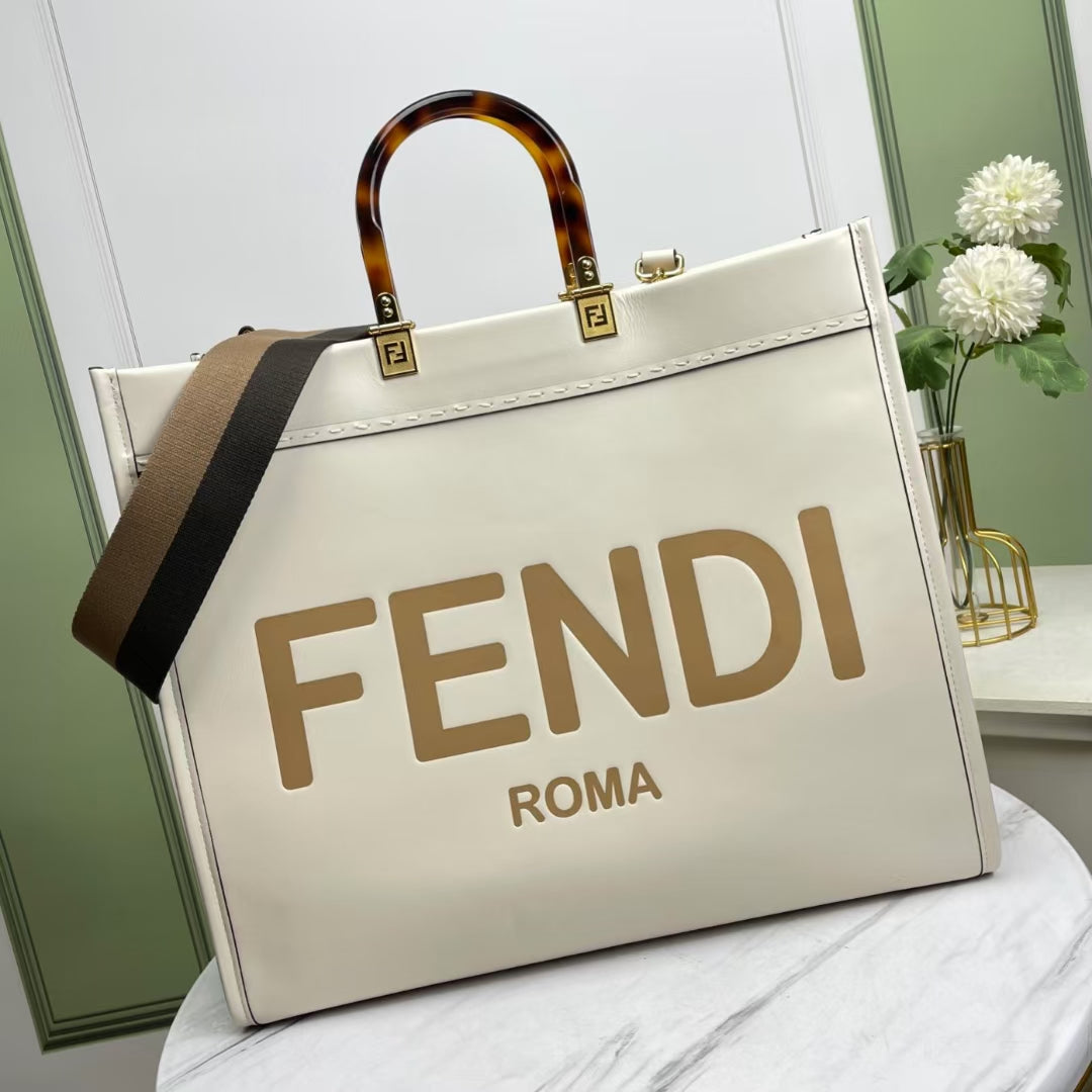 Fendi Sunshine Large Roma Shopper Tote Bag - Cream Canvas with Plexiglass Handles