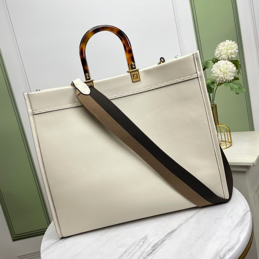 Fendi Sunshine Large Roma Shopper Tote Bag - Cream Canvas with Plexiglass Handles