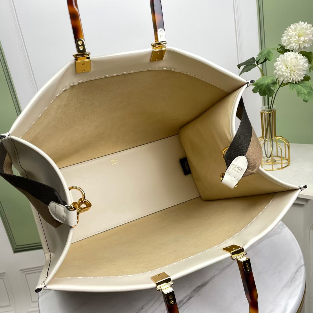Fendi Sunshine Large Roma Shopper Tote Bag - Cream Canvas with Plexiglass Handles