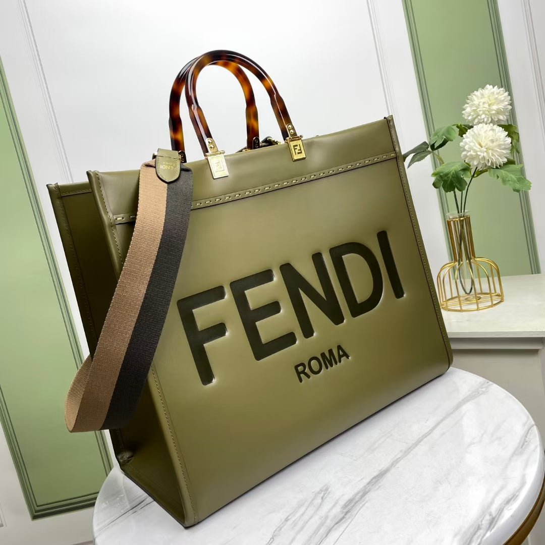 Fendi Sunshine Large Tote Bag - Olive Green Leather with Tortoiseshell Handles