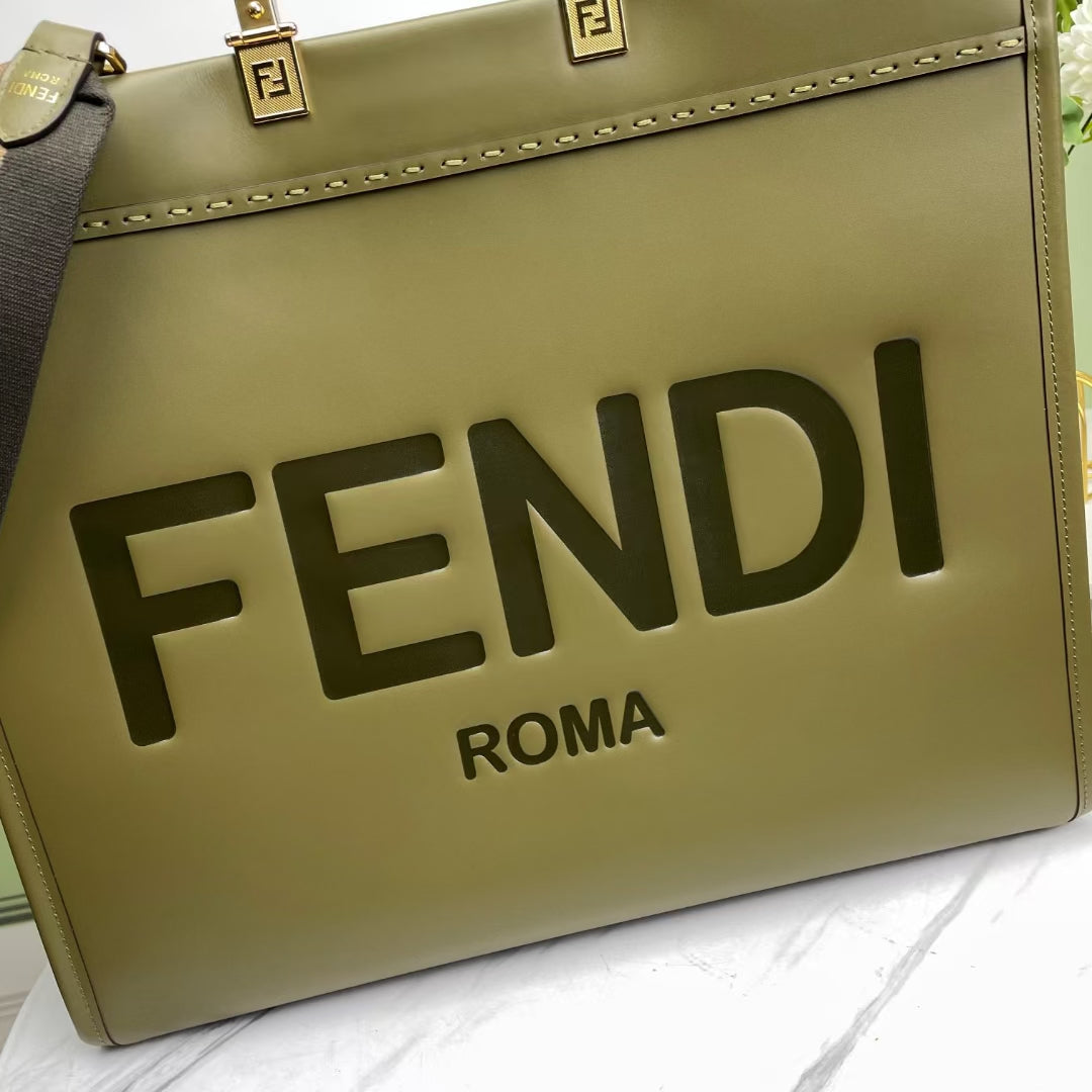 Fendi Sunshine Large Tote Bag - Olive Green Leather with Tortoiseshell Handles