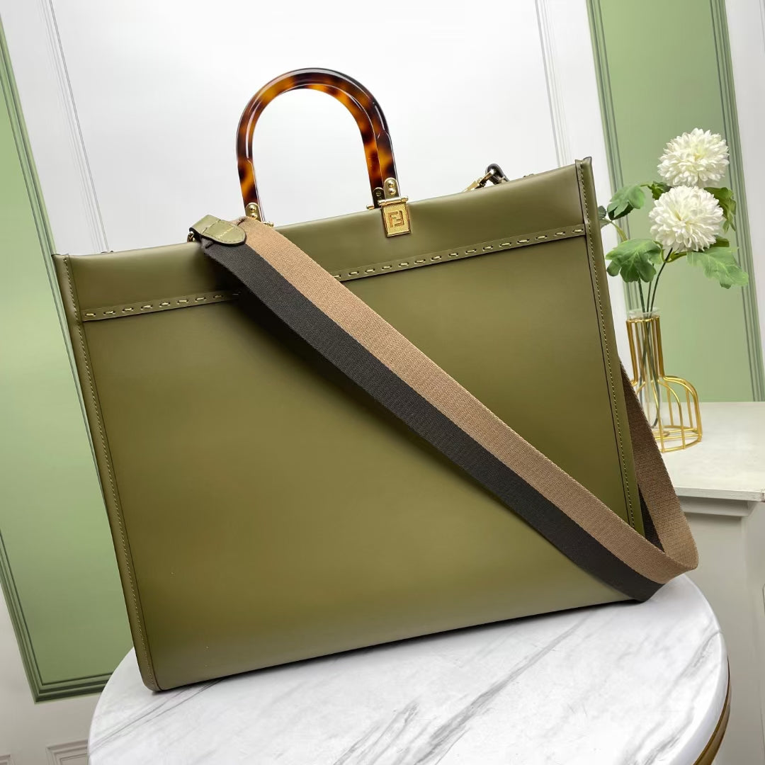 Fendi Sunshine Large Tote Bag - Olive Green Leather with Tortoiseshell Handles