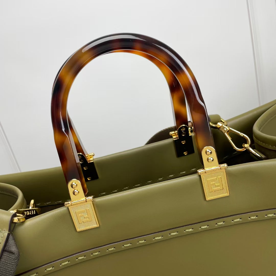 Fendi Sunshine Large Tote Bag - Olive Green Leather with Tortoiseshell Handles